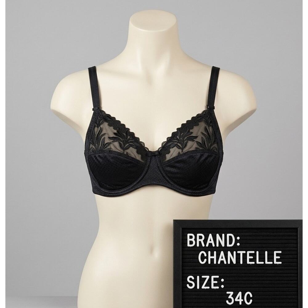 Chantelle Reverie 34C Bra Black Embroidered Lace Unlined Soft Cup Sheer